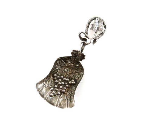 19th Century novelty caddy spoon with grape design to bowl, stem and leaf formed handle, by Hilliard and Thomson, Birmingham 