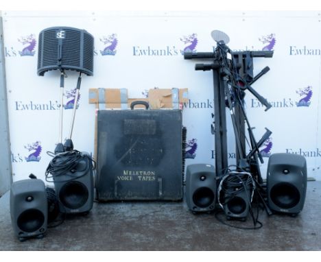 Various keyboard, microphone and speaker stands, x4 speakers plus various cabling