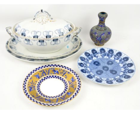 A Minton Aesthetic movement plate, tureen and platters with Scottish School design by George Logan, gilt decorated plate by C