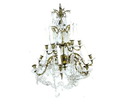 Brass and glass two-tier twelve light chandelier,