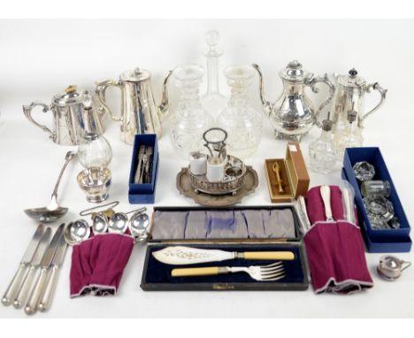 Silver plated coffee pot, tea pot, ladle, three glass decanters and other items,