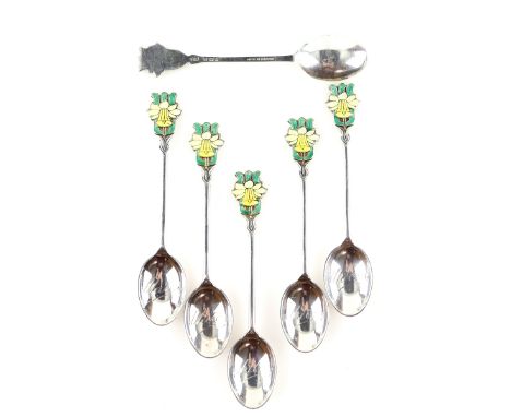 Set of six silver and enamel spoons with daffodil flower design, by Turner &amp; Simpson, Birmingham 1965