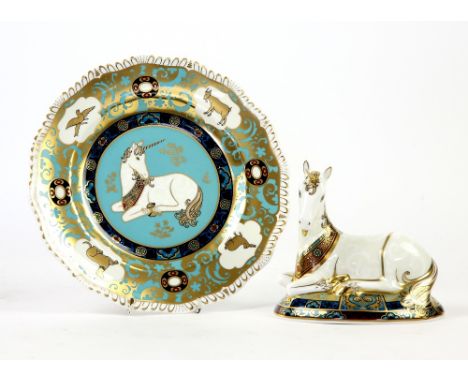 Royal Crown Derby Louise Adams unicorn trinket box, figurine and unicorn plate