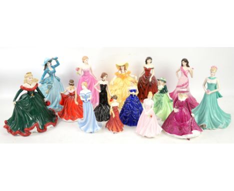 Quantity of Doulton, Worcester and Coalport female figurines  x 15 and two blue sky comports
