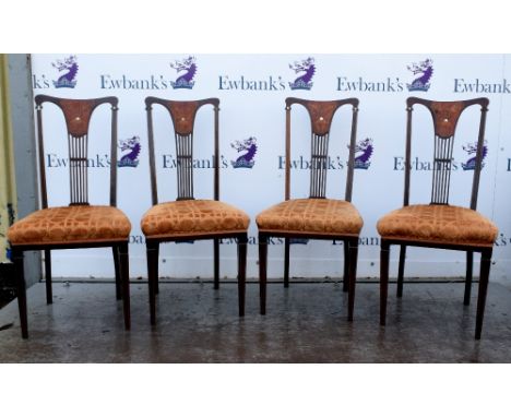 Set of four mahogany dining chairs with marquetry and mother-  of-pearl inlaid decoration, on square tapering supports,