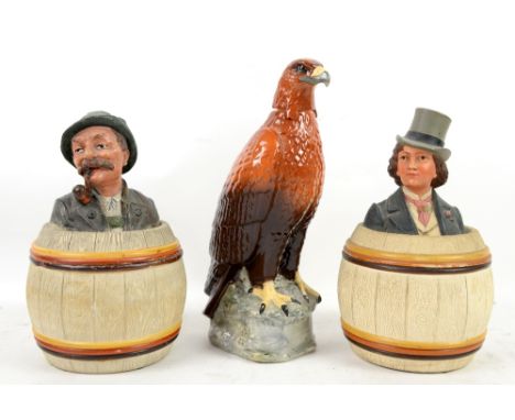 Two Johann Maresch barrel series tobacco jars, one a man in Austrian costume with pipe, the other a man in top hat, and a Bes