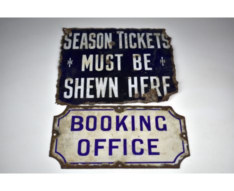 Railwayana - GWR Great Western Railway untitled "SEASON TICKETS MUST BE SHEWN HERE" enamel sign white letters on blue ground,