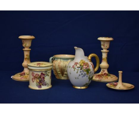 Various Royal Worcester pieces in floral pattern to include two candlestick holders, a ring holder, jugs and pot (6).