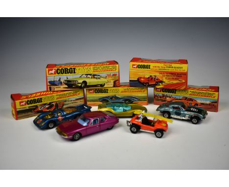Five boxed Corgi 'WhizzWheels' c1970's, to include Citroˆn SM (284), metallic Cerise, pale blue interior, spoked wheels, car 
