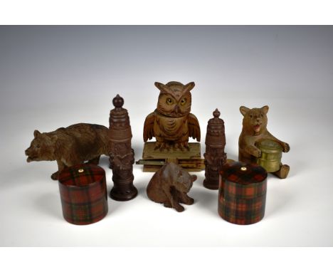 A small collection of Black Forest and Tartanware comprising of Black Forest - owl inkwell &amp; pen; Bear inkwell and two fi