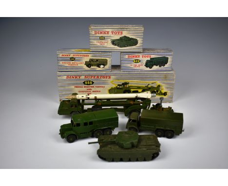 A Dinky Toys 651 Centurion Tank; 622 10-Ton Army Truck; 666 Missile Erector Vehicle with corporal missile and launching platf