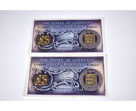 BRITISH BANKNOTES - Two States of Guernsey five pounds 1969-1975, GN47, serial numbers A780425 - B258095, observe mauve and g