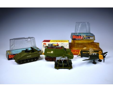 Dinky - Four boxed military models comprising of 1966-76 Austin Paramoke (601), Khaki, grey top, ( no parachute), vehicle ver