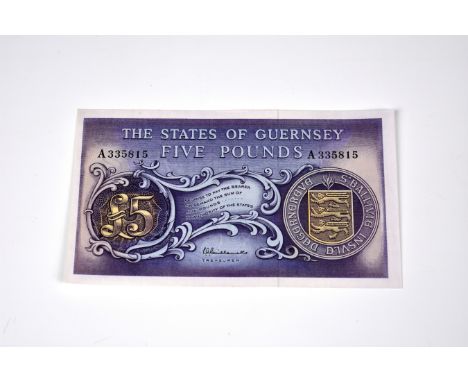BRITISH BANKNOTE - States of Guernsey five pound 1969-1975, GN47, serial number A335815, observe mauve and gold, arms, revers