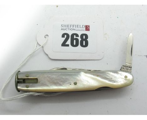 Andrew Toledo Ltd Sheffield Smokers Knife, three blade button hook, spike, nail file, mother of pearl, scales, tobacco tamper
