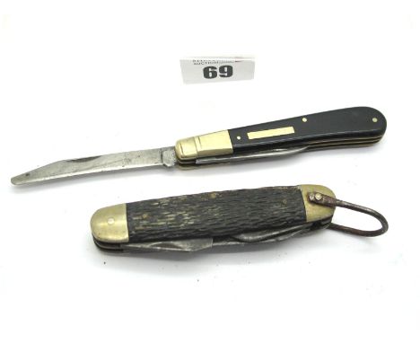 American Multi Blade Knife, with blade, awl, bottle opener, screwdriver, jigged scales, nickel silver bolsters, brass linings