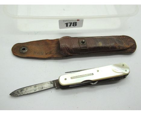Needham Sheffield; Two Blade Knife, with scissors, button hook, spike, grooved manicure blade, workback to spring, mother of 