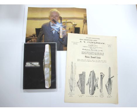 Stan Shaw Hallamshire Exhibition Knife, "D.V.D", plus a photo holding a coachmans knife, advertising leaflet with various kni