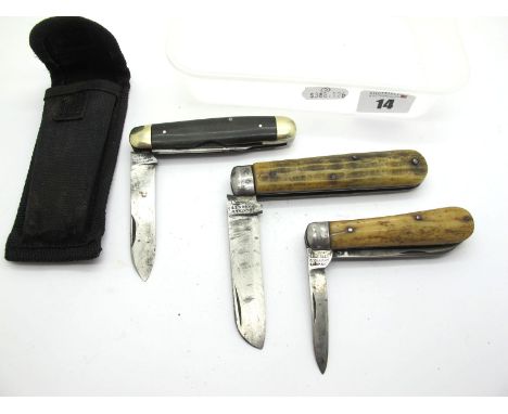 Humphrey Radiant Sheffield, two blades, polished horn scales, n/s bolster, brass linings, in case, 9cm; John Watts, two blade
