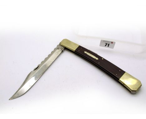 Lock Knife, single blade, wood scales, large n/s bolsters, brass linings, work back to spring and blade, 35cm open, (no name)