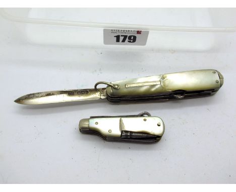 J. Beal &amp; Sons; Sportsman's Knife, with mother of pearl scales, two blades, button hook, spike, corkscrew, nickel silver 