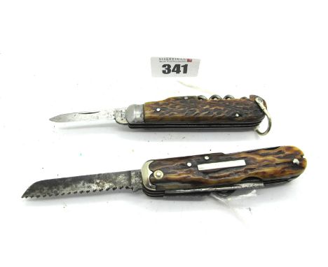 Two Sports Knives - Morton &amp; Son and Hill &amp; Son, with stag scales, single steel bolster, one with lanyard ring, 9cm c