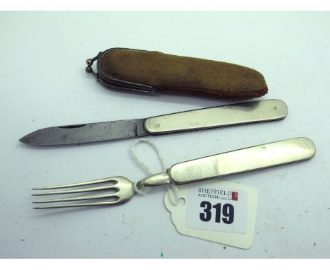Folding Knife and Fork, stainless, in small leather case.