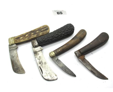 Wheatley Brothers Sheffield; Pruner, with wheat sheaf stamped to blade, dyed stag scales, 10cm; an unnamed pruner with wood s