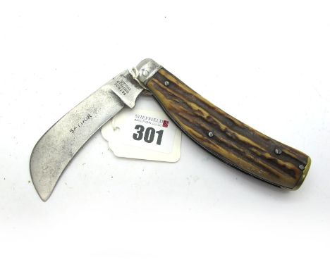 Saynor Pocket Knife, stag scales, brass flat bottom, 12cm closed.