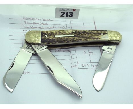 Stan Shaw Stock Knife, three blades, stag scales, n/s/ bolsters (etched by Peter Devine), brass worked linings, work back to 