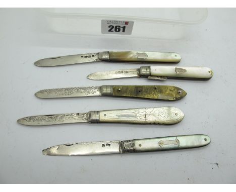 Five Silver Bladed Knives, mother of pearl scales, workback to three , (damages). (5)