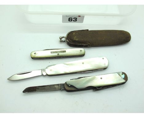 Harrison Brothers, Sheffield, two blade knife, nail file, button hook, mother of pearl scales, brass linings, 8cm; Sheffield 