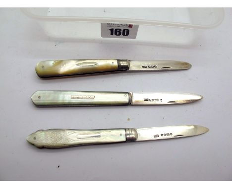 Fruit Knives:- mother or pearl scales, silver blade (GGR), n/s bolster, brass linings, work back to springs, 8cm closed; moth
