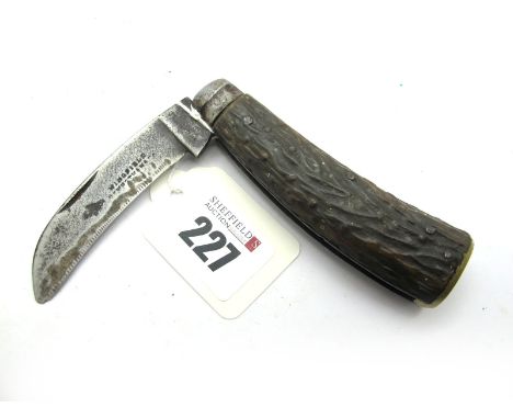 Pruning Knife; Wingfield &amp; Rowbotham, Sheffield, brass flat bottom, stag scales, steel bolster (strong clicks on opening 