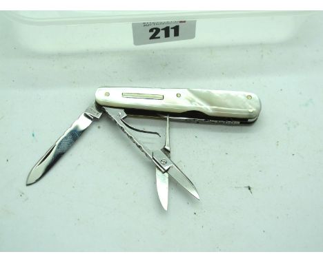 Stan Shaw Sheffield Lobster Knife, two blades, scissors, two spikes, mother or pearl, scales, work back to springs, outside a