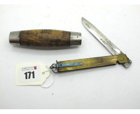 Barrel Knife, single blade, brass scales, stamped P. Holmberg Eskilstuna Sweden, walnut with steel bolsters, 12cm closed.