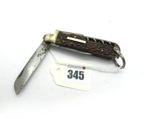 J.McClory, Sheffield Horseman's Knife, with two blades, spike, corkscrew, hoof pick and lanyard ring, stag scales, brass bols