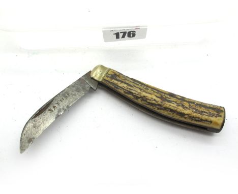 Saynor Flat Bottom Knife, with stag scales and brass bolster, 9.5cm.