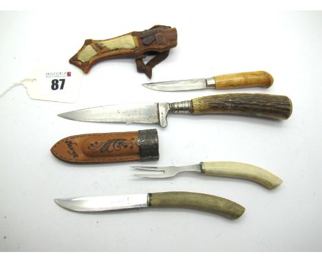 A Skinning Knife, in the Norwegian style, no sheath, stag handle, 19cm; a small skinning knife, in reindeer sheath, 13cm and 