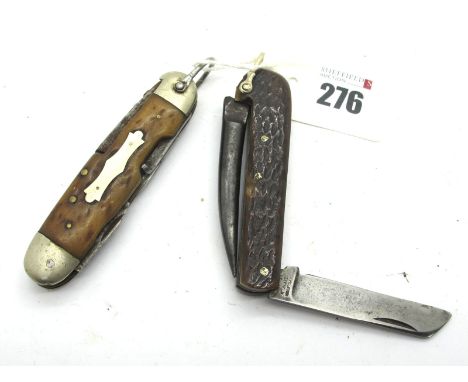 Fisherman's Style Knife, Solingen, Germany, two blades, screwdriver, bottle opener, can opener, corkscrew, awl, stag scales, 