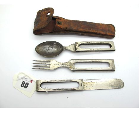 John Watts Combination Knife, fork and spoon, patent applied for in stainless steel, 16cm, in fitted case (worn).