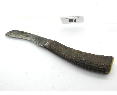 A Flat Brass Bottom Pruning Knife, (possibly Taylor of Sheffield), with stag scales, worn but functions, 9cm.