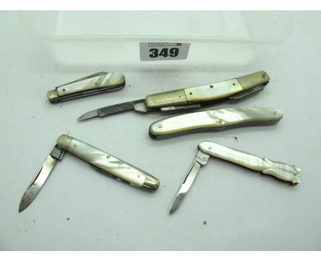 George Wostenholm, two blade, mother or pearl scales, n/s bolsters, brass linings, 6cm; unnamed, two blades, mother of pearl 