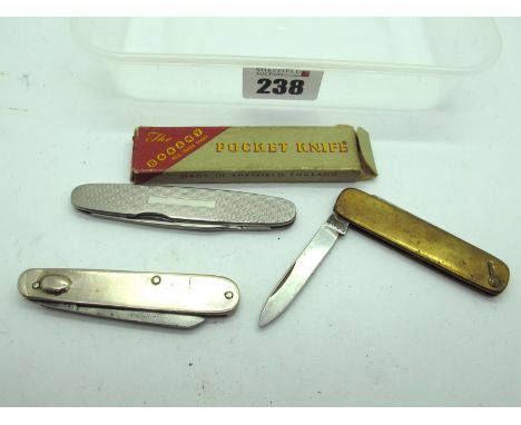 John Watts Stainless Steel Two Blade Knife, boxed, 8cm; no name, brass scales, one blade and nail file, 7cm; Singleton and Pr