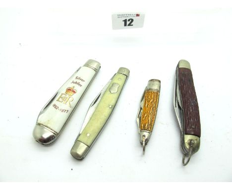 I.XL Wostenholme, two blades, n/s bolsters, faux ivory scales, 8cm:- Richards, one blade, Silver Jubilee scales, 8cm:- two bl