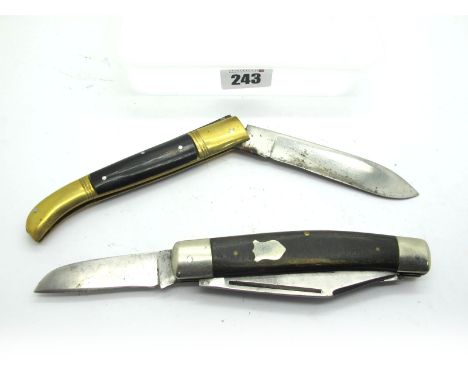 Pocket Knives, two continental type knives, one with three blades, horn scales, n/s bolsters, brass linings, 13cm closed; one