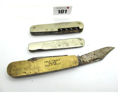 Lockwood Brothers "Cold Fingers" Knife", two blades, brass scales, stamped as above, reg No 64115, 9cm; Abram Brooksbank mult