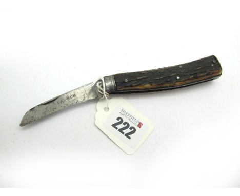 Saynor Pocket Knife, stag scales, steel flat bottom, 10cm closed.