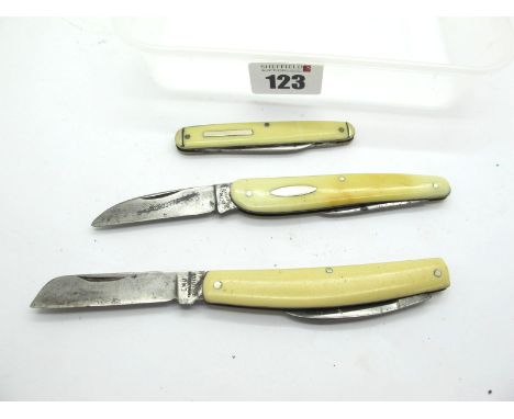 Pocket Knives:- C. Batty and Co, Sheffield, faux ivory scales, two blades, brass linings 9cm; Richards, Sheffield, faux ivory