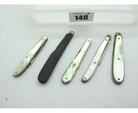 Quill Knives; Hague Sheffield, 7cm; Lund Cornhill, mother of pearl scales, 6cm; Rohill, mother of pearl scales, n/s bolster, 